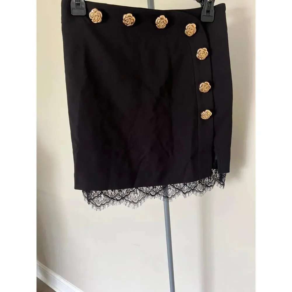 Commence Black Mini Skirt with Gold Rose Buttons and Lace Trim size Medium - Picture 2 of 5